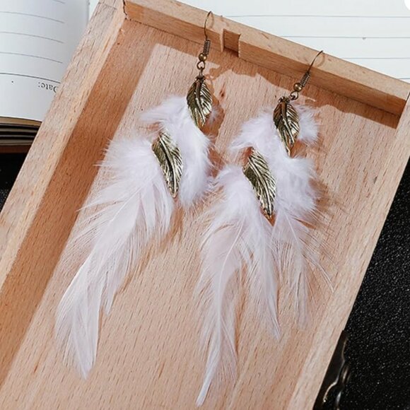 Anthro Long Tassel Feather Drop Earrings - Picture 2 of 4